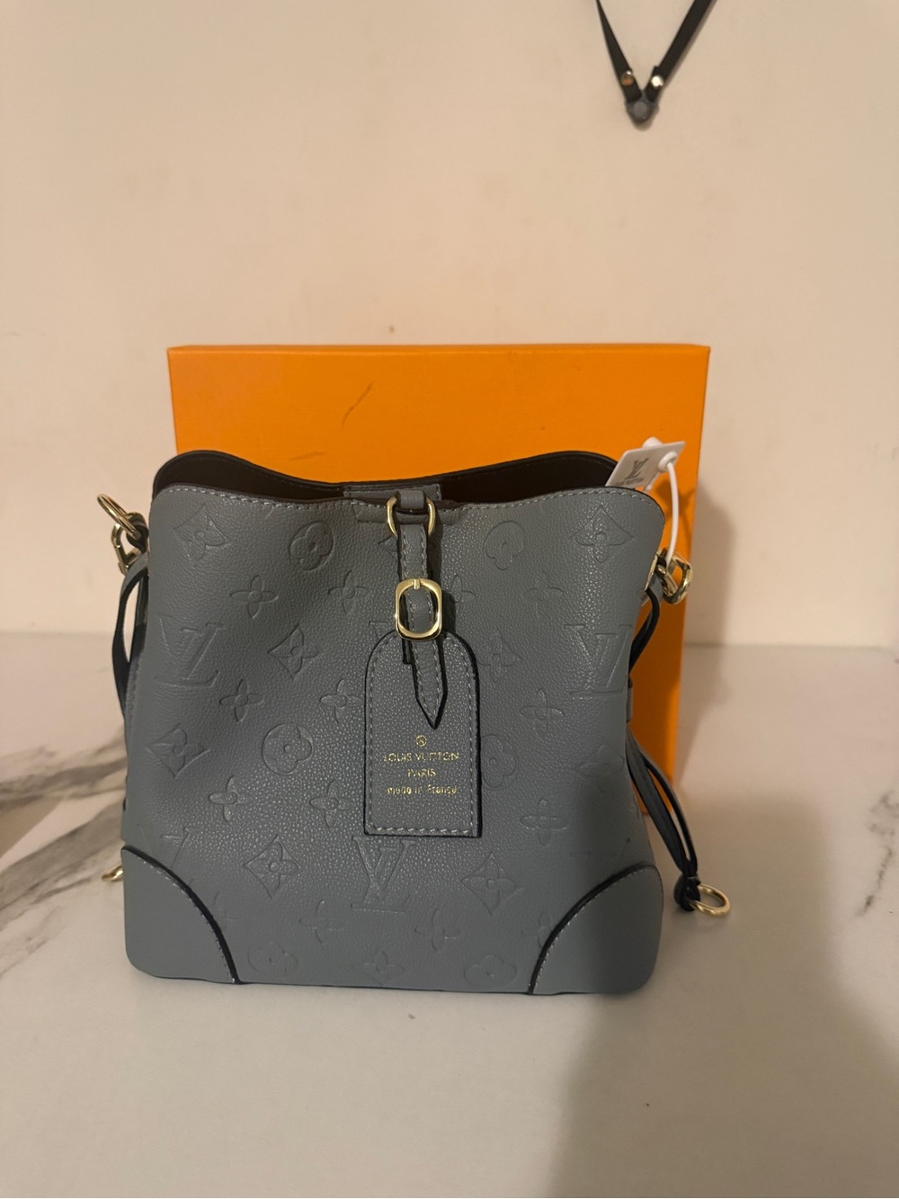Blue/gray Embossed Monogram Crossbody Bucket Bag